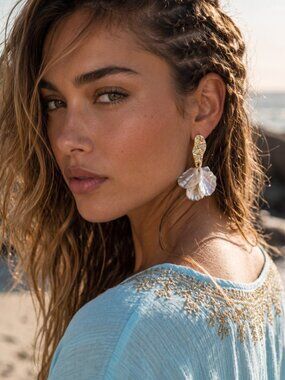 Iridescent Resin Petal Drop Earrings Gold Plated Hammered Top Boho Chic 2"